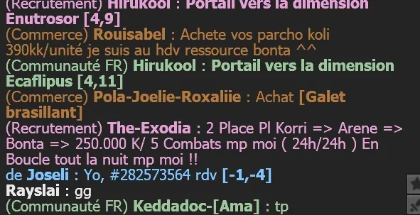 Message d’un agent VenteKamas en jeu pour un échange, avec la map et le code de commande