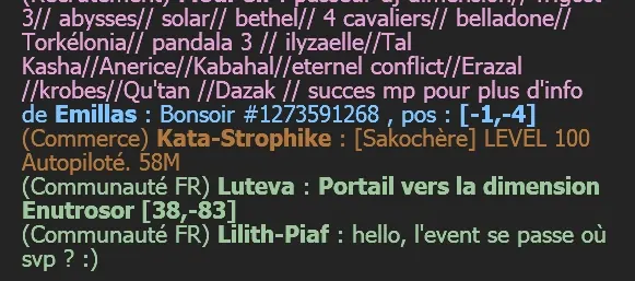 Message d’un agent VenteKamas en jeu avec la position de la map et le code de commande